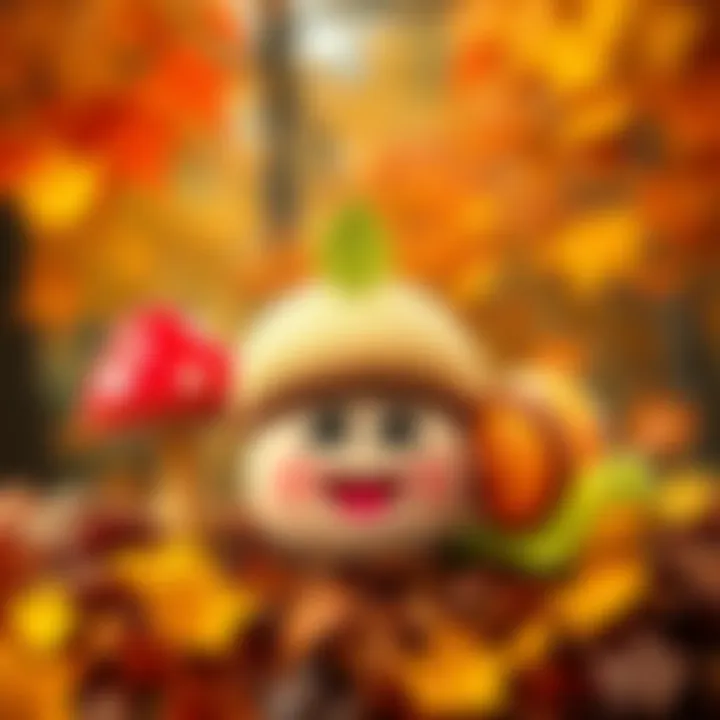 Different emojis representing September, including a leaf, a mushroom, and a snail, with a colorful autumn background.