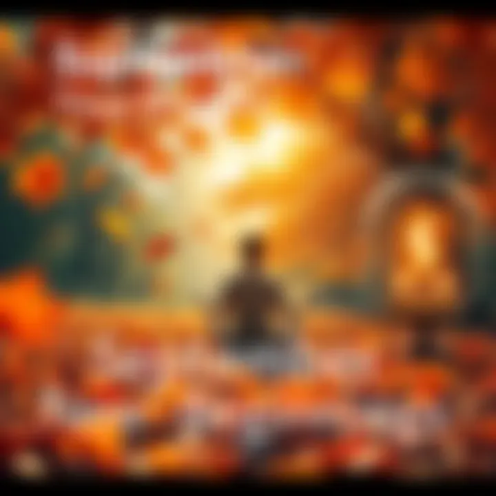 A serene setting with autumn leaves, a person meditating, and symbols of love and finance around them, representing spiritual growth and guidance.