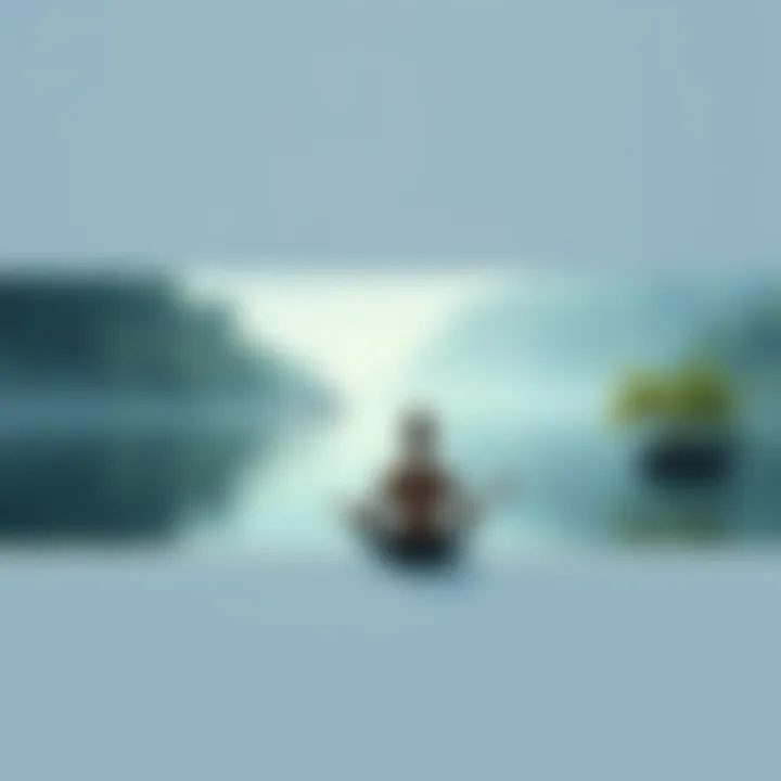 A tranquil scene with a person meditating beside a calm body of water, surrounded by lush greenery