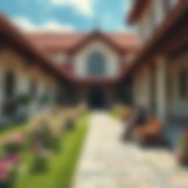 A peaceful monastery courtyard with blooming flowers and a meditative person sitting quietly on a bench.