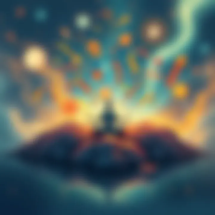 An abstract illustration depicting a calm figure meditating surrounded by swirling thoughts and symbols representing health anxiety