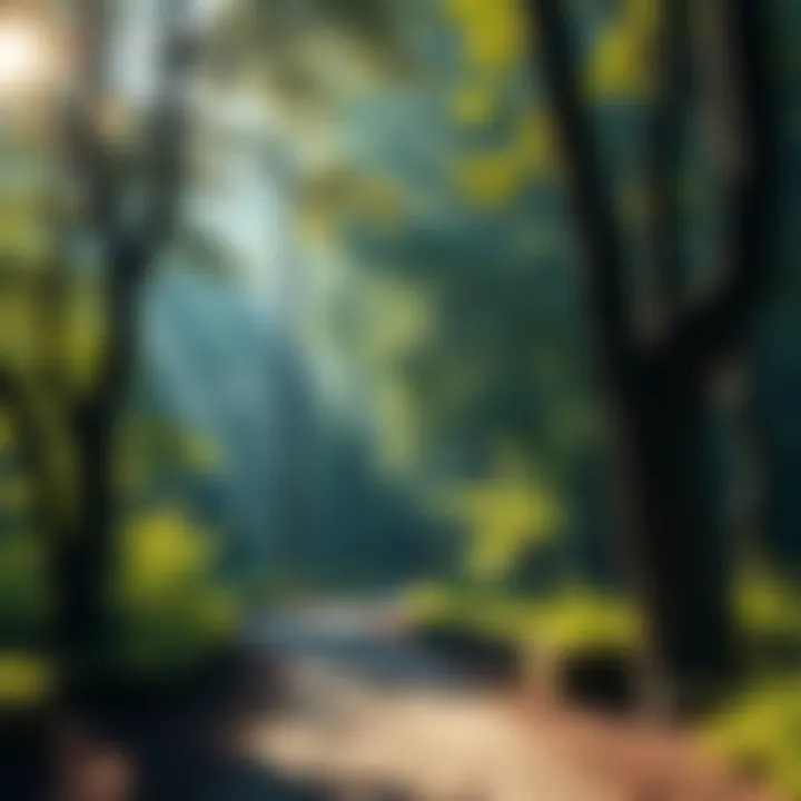 Serene Nature Scene A peaceful forest path surrounded by trees and soft sunlight, symbolizing personal spirituality and mental well-being.