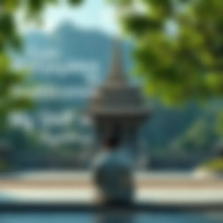 A peaceful Buddhist temple surrounded by lush greenery, with a person sitting in meditation, reflecting on their faith journey.