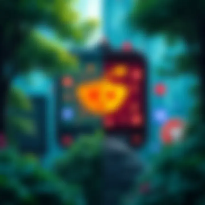 A split illustration showing a lush forest transitioning into a chaotic digital landscape filled with Reddit logos and notifications.