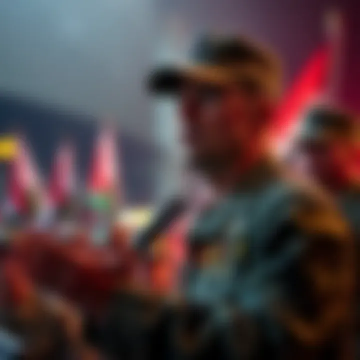 Sergeant Brian McGinnis passionately addresses a crowd, raising important questions about military loyalty and sacrifices, with a serious expression.