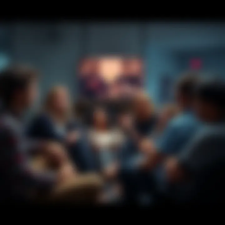 A group of people sitting in a circle, looking concerned and discussing the impact of jokes about Jeffrey Epstein on victims.