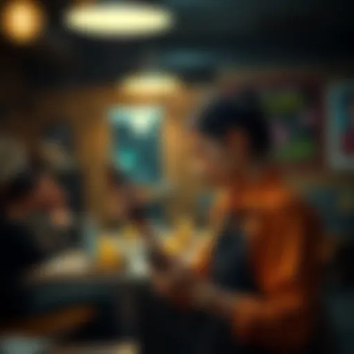 A concerned server holds a phone in a dimly lit family restaurant, looking worried after a strange call from a man speaking Spanish.