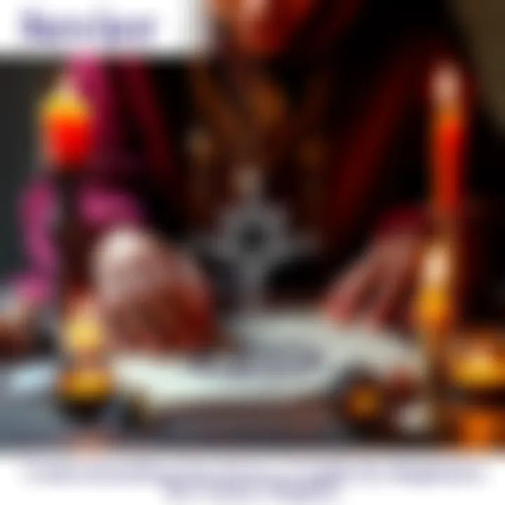 A person creating a servitor symbol on paper with candles and crystals around them