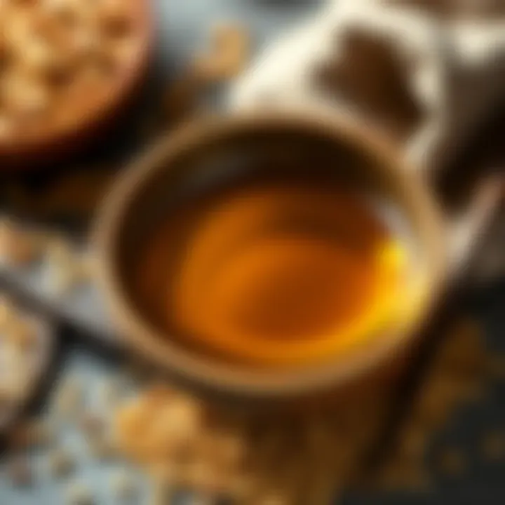 A bowl of sesame oil surrounded by sesame seeds and other seed oils, with a pair of chopsticks nearby