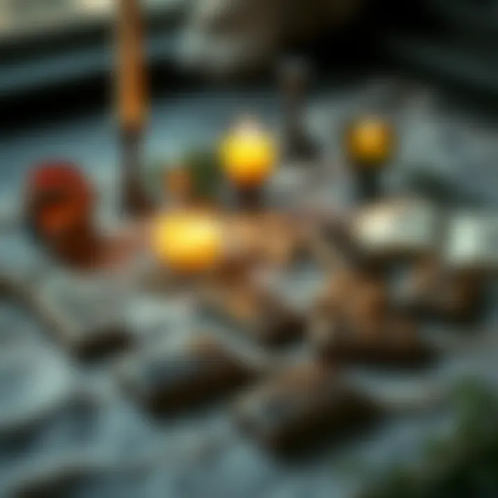 A collection of wooden runes featuring ancient symbols, laid out on a cloth with candles and herbs nearby, symbolizing blessings and rituals.