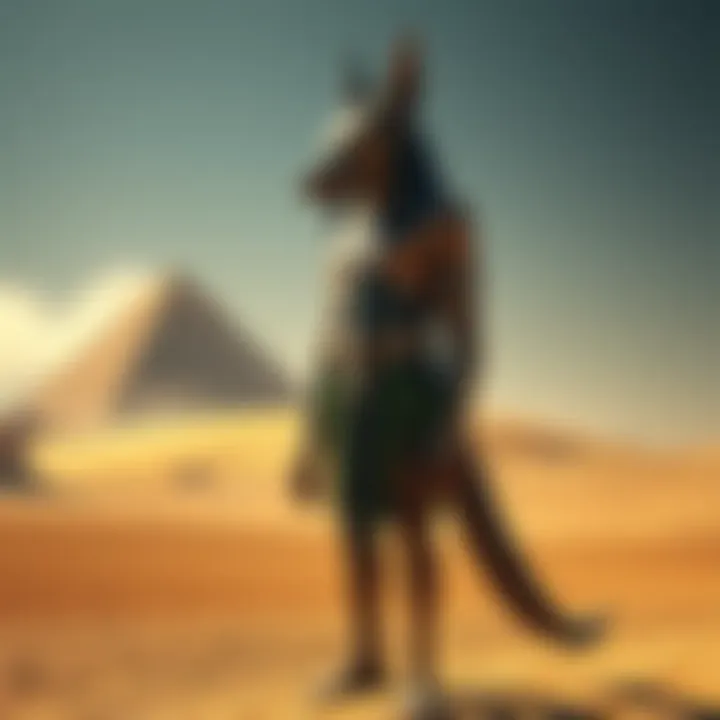 An artistic representation of Set, the Egyptian god, depicted with a canine head and human body, standing in a desert landscape, symbolizing his complex nature within mythology.