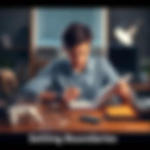 A person sitting at a desk, looking thoughtfully at a notebook filled with notes on desires and cravings, surrounded by distractions like a phone and music notes.