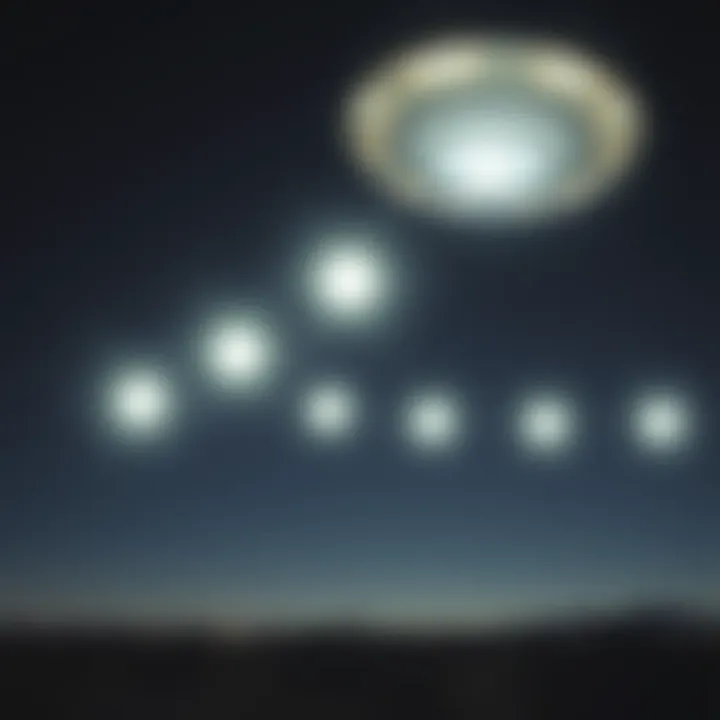 A close encounter shows seven bright orbs aligned in the sky, surrounded by a shimmering energy field in Buckeye, Arizona