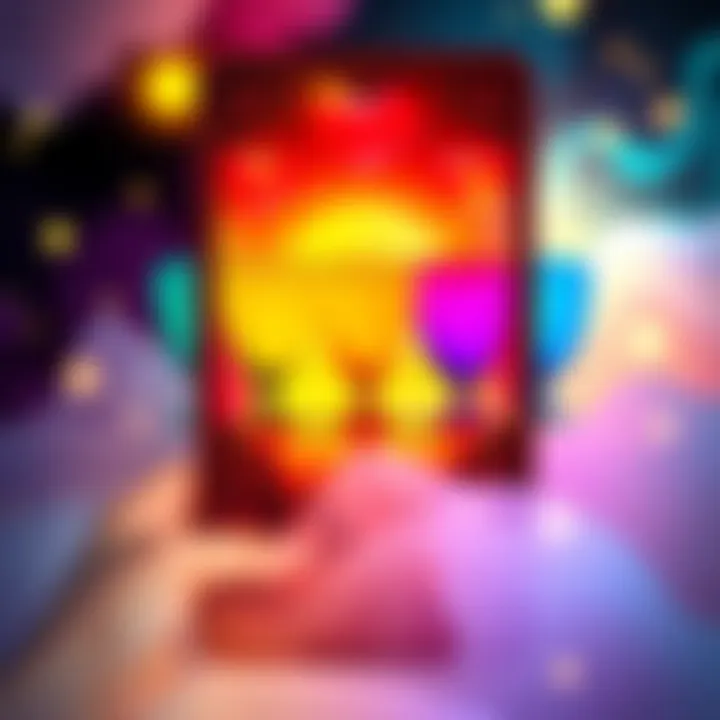 Colorful tarot card with seven cups A tarot card depicting seven colorful cups, symbolizing choices in love triangles, with a dreamy background.