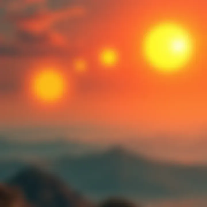 Seven Suns in the Sky A unique sight of seven suns shining brightly in the sky over a landscape in China, creating an otherworldly effect.