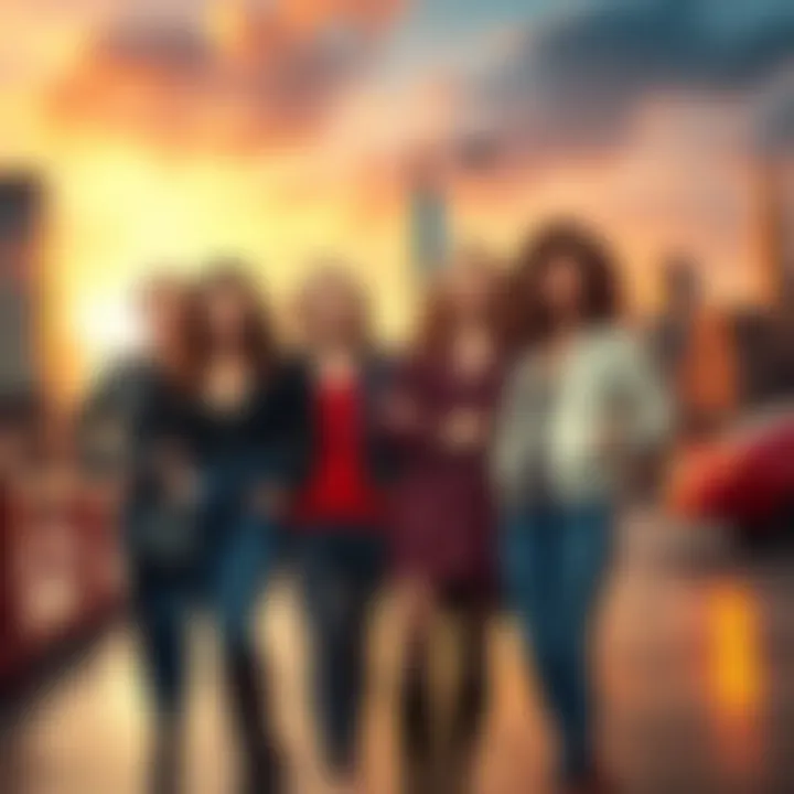 Four women representing friendship and fashion, standing together in a city setting, with iconic New York City skyline in the background.