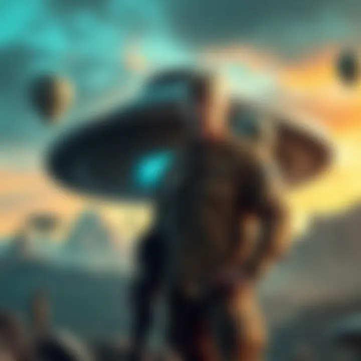 Sgt. Clifford Stone standing next to a recovered UFO, with a backdrop of mysterious alien landscapes and representations of various alien species.