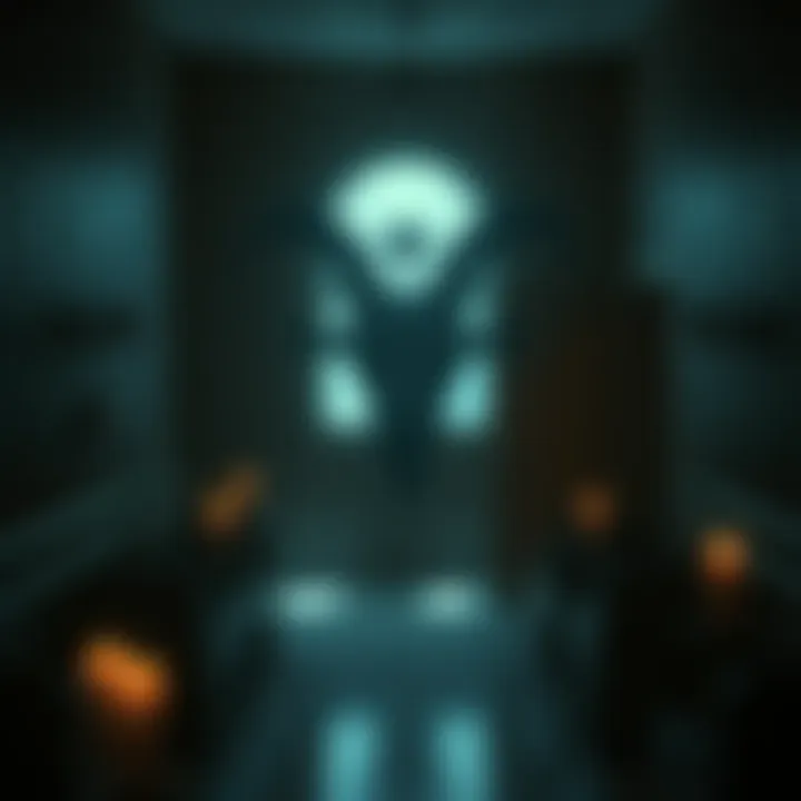 A shadow resembling a goat's head appears in a dimly lit hospital chapel, with soft candlelight illuminating the surroundings.