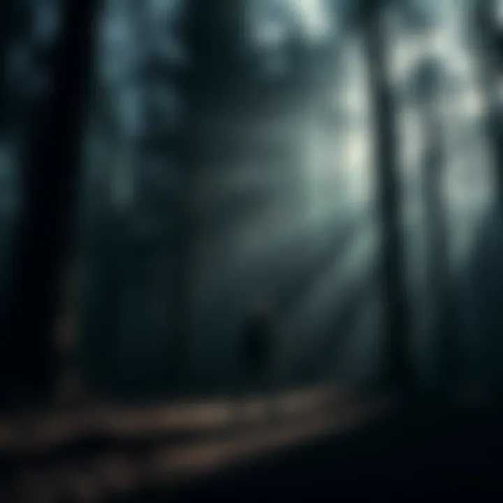 A person stands in a dark forest, facing a shadow that mimics their movements, creating an eerie atmosphere.