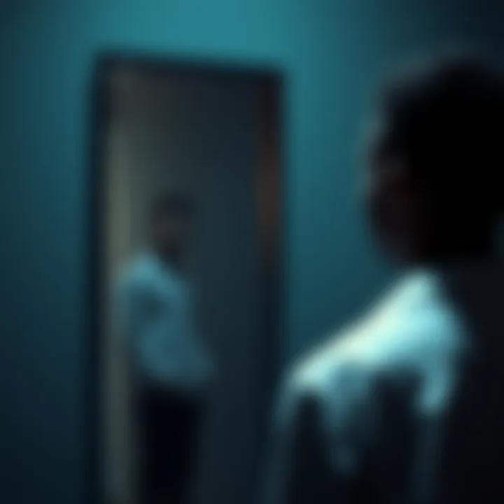 A person standing in front of a mirror, looking thoughtfully at their reflection, symbolizing self-awareness and growth.