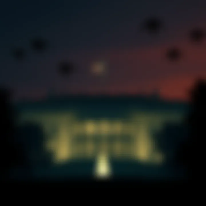 A dark silhouette representing shadow entities near the White House, creating a mysterious atmosphere