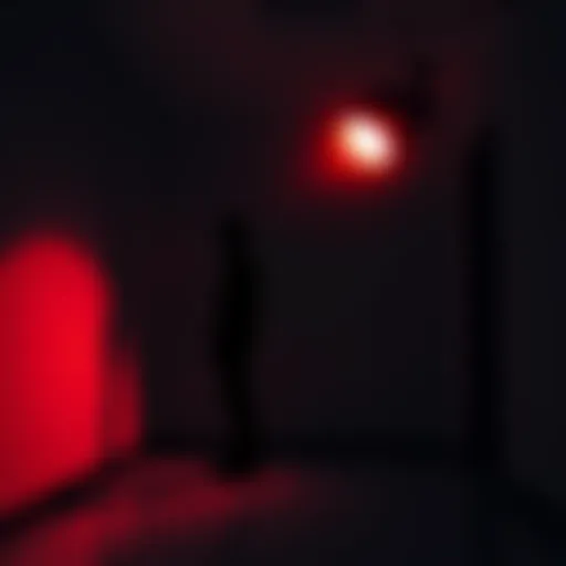 A dark shadowy figure seen on security footage, standing in an empty room, creating a sense of unease.