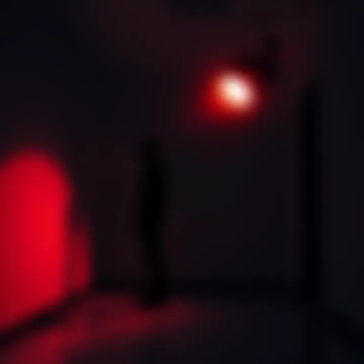 A dark shadowy figure seen on security footage, standing in an empty room, creating a sense of unease.