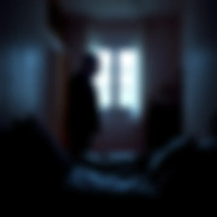 Shadow figure in a dimly lit room A dark silhouette stands in the corner of a bedroom, causing fear for the person inside. A faint light shines through the window, creating an eerie atmosphere.
