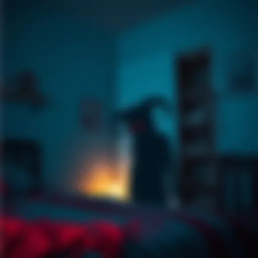 A dark shadow entity with red eyes and horns lurking in a girl's bedroom corner