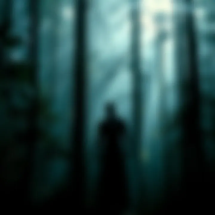 A dark, shadowy figure stands between trees in a dense forest, suggesting an unexplained presence.