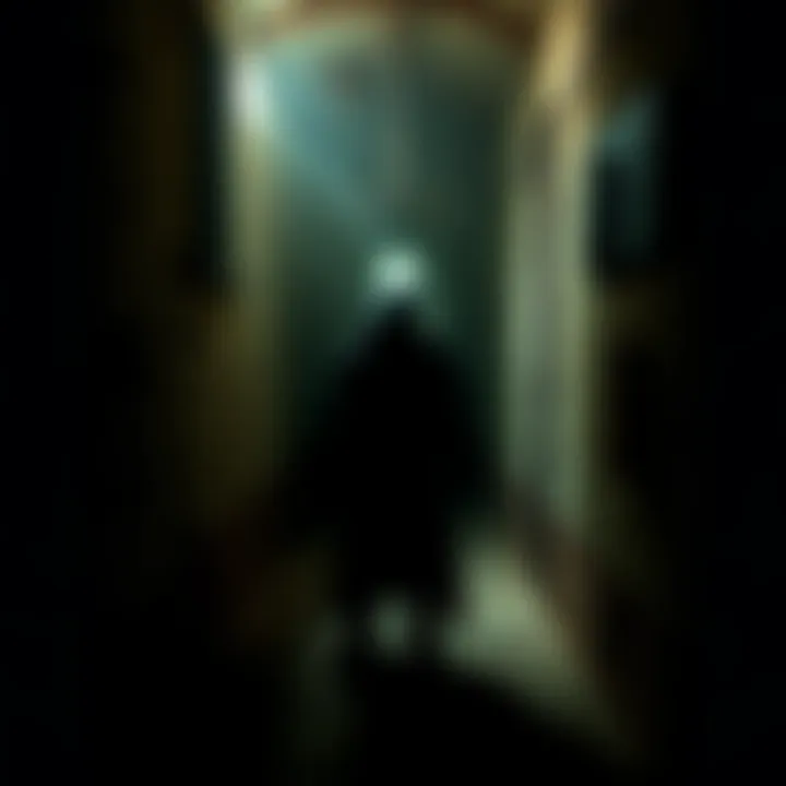 A dark shadow figure stands in a dimly lit cell of an old jail, creating an eerie atmosphere