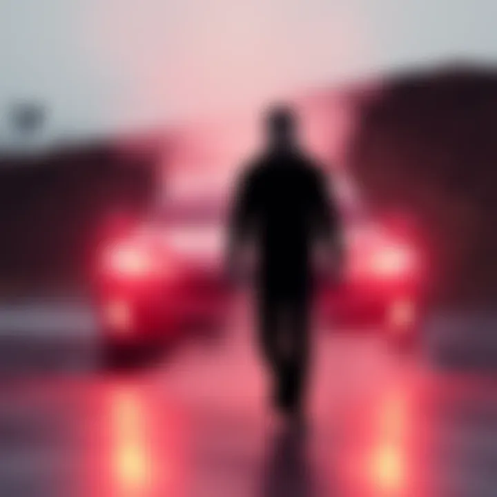 A person appearing to morph into a shadow-like figure in front of a Tesla car, with a transparent figure walking nearby.