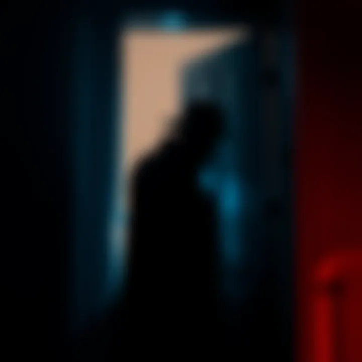 A dark silhouette of a man wearing a hat standing outside a doorway at night, casting an eerie shadow