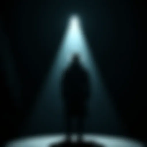 A dark silhouette of a man in a long coat and hat standing in a dimly lit room
