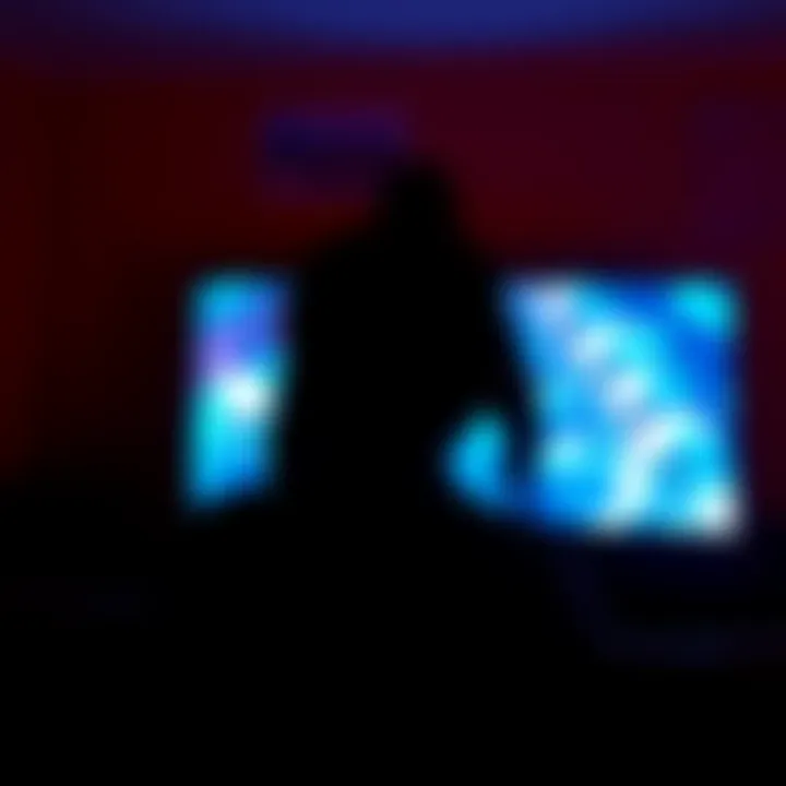 A shadowy figure is seen moving behind a person watching a horror video, creating a spooky atmosphere.