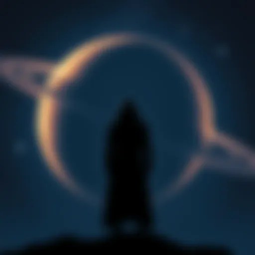 A dark figure symbolizing a shadow person stands against a backdrop of Saturn, with stars in the night sky.