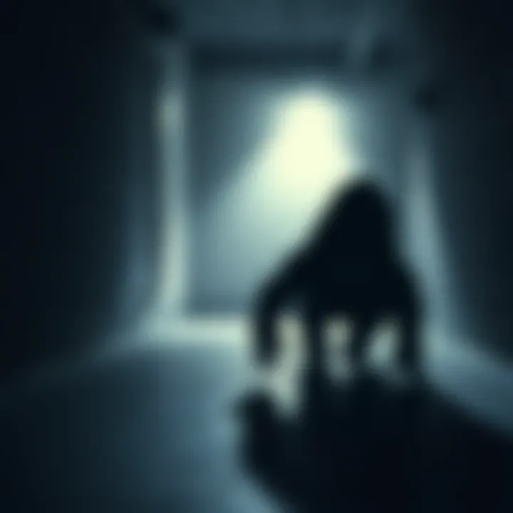 A dark, shadowy figure crawls ominously across a dimly lit basement floor, evoking fear in a child's gaze.