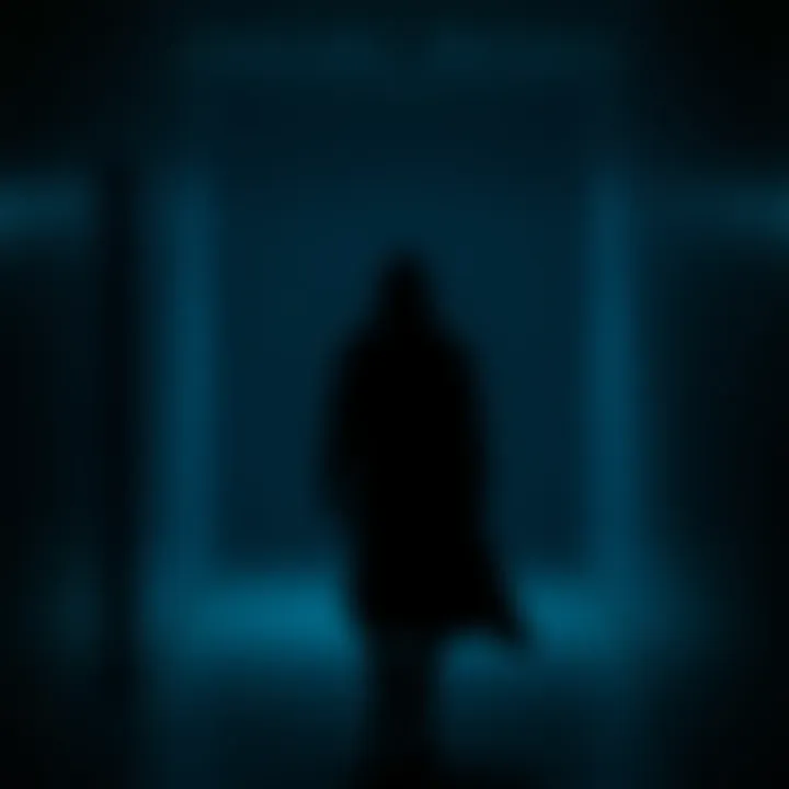 Shadow Person in Dim Light A dark, shadowy figure standing in a dimly lit room, creating an eerie atmosphere.