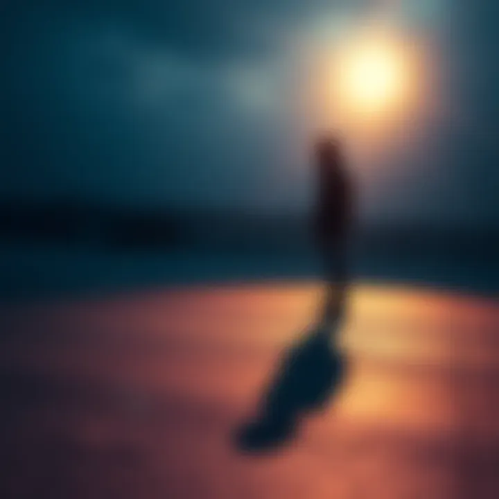 A person looking at their shadow on the ground, appearing different from their actual self, symbolizing the concept of the shadow self.