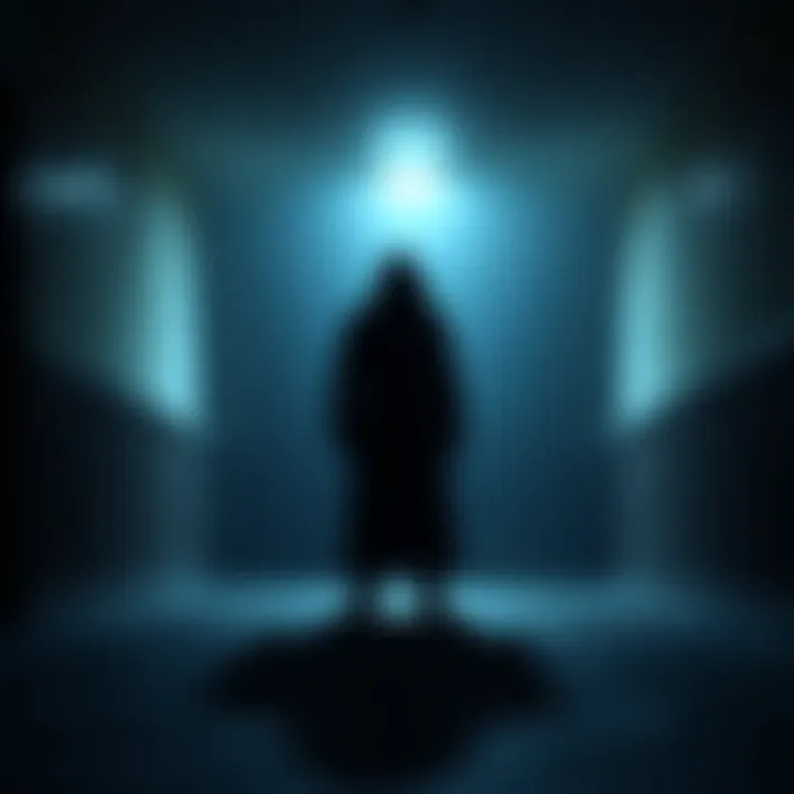 A shadowy figure is seen lurking in a dimly lit area, suggesting a mysterious presence.