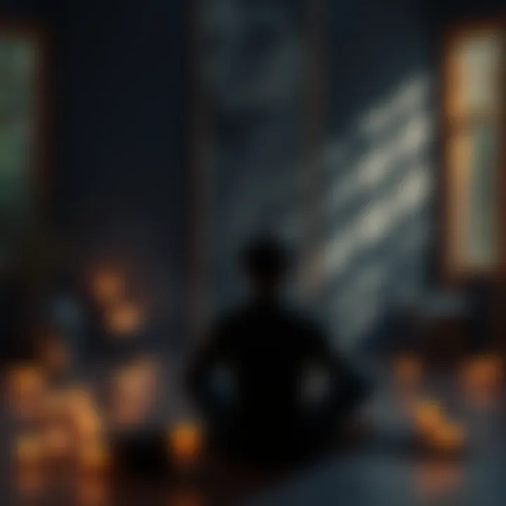 A person sitting in a quiet space, reflecting on their emotions and darker aspects of themselves, surrounded by candles and natural elements.