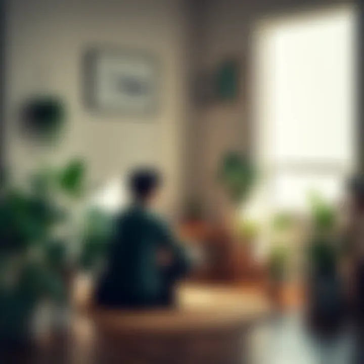 Shadow work concept with plants A person sitting in a peaceful room, reflecting on their thoughts, surrounded by houseplants and animal-themed decor, symbolizing the connection between self-reflection and animal welfare.