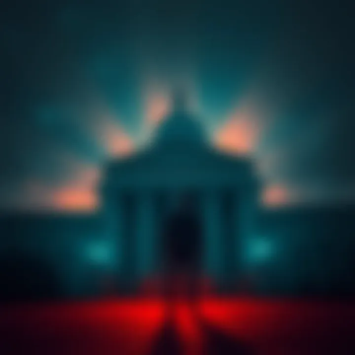 A silhouette of a person standing in front of a dark, imposing building, symbolizing hidden power and justice evasion.