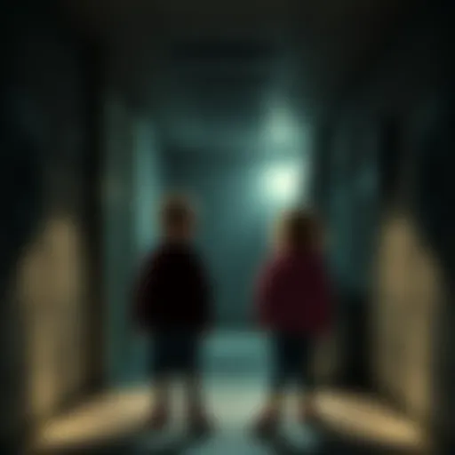 Two kids looking toward a dark corner in a basement, with a faint shadow visible near a laundry light.