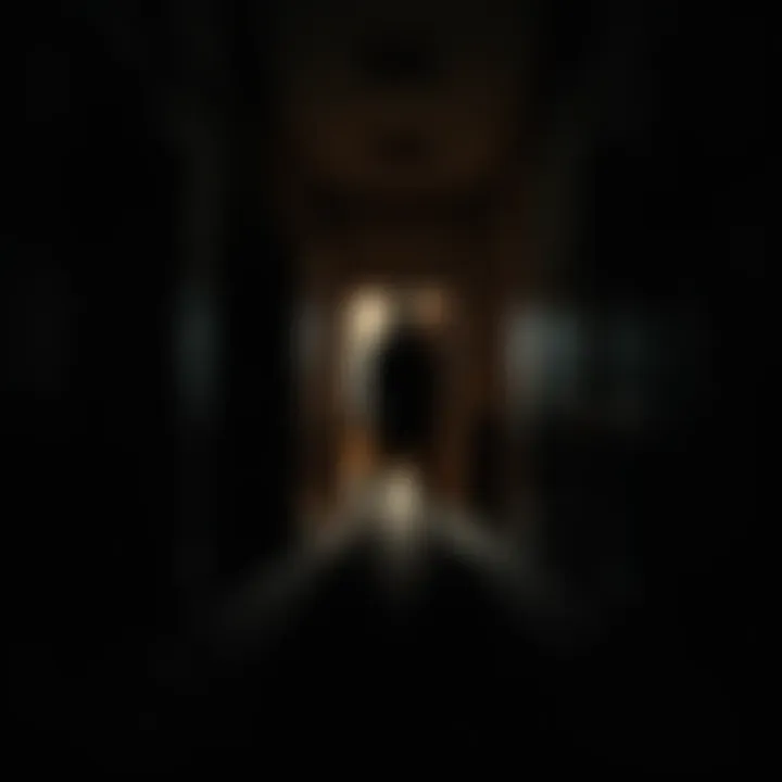 A dark figure stands in a dimly lit room, with eerie shadows creeping along the walls, hinting at an unseen presence.