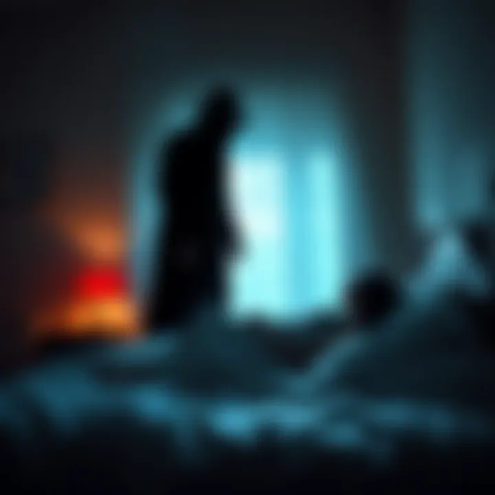 A dark silhouette of the Hatman looming over a woman in bed in Boulder, Colorado.
