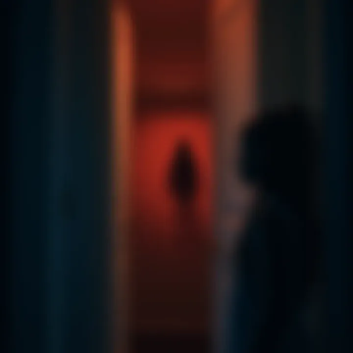 A reflection showing a shadowy figure in a dimly lit closet while a girl looks on in surprise.