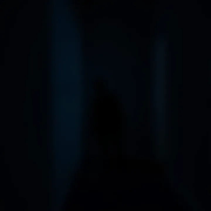 A dark room with a shadowy figure standing in the corner, casting an eerie silhouette against the wall, creating a chilling atmosphere.