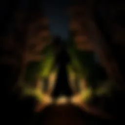 A tall, dark figure stands in a garden at night, surrounded by trees and faint light.