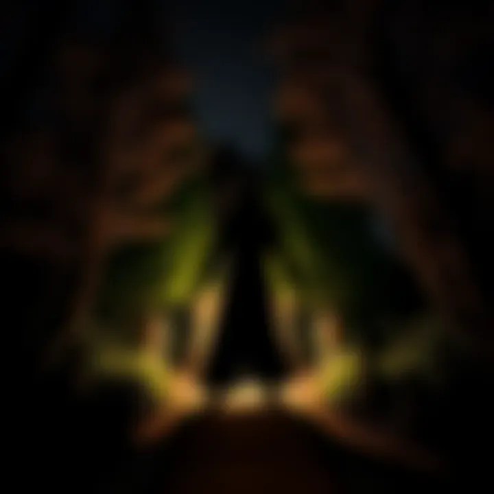 A tall, dark figure stands in a garden at night, surrounded by trees and faint light.